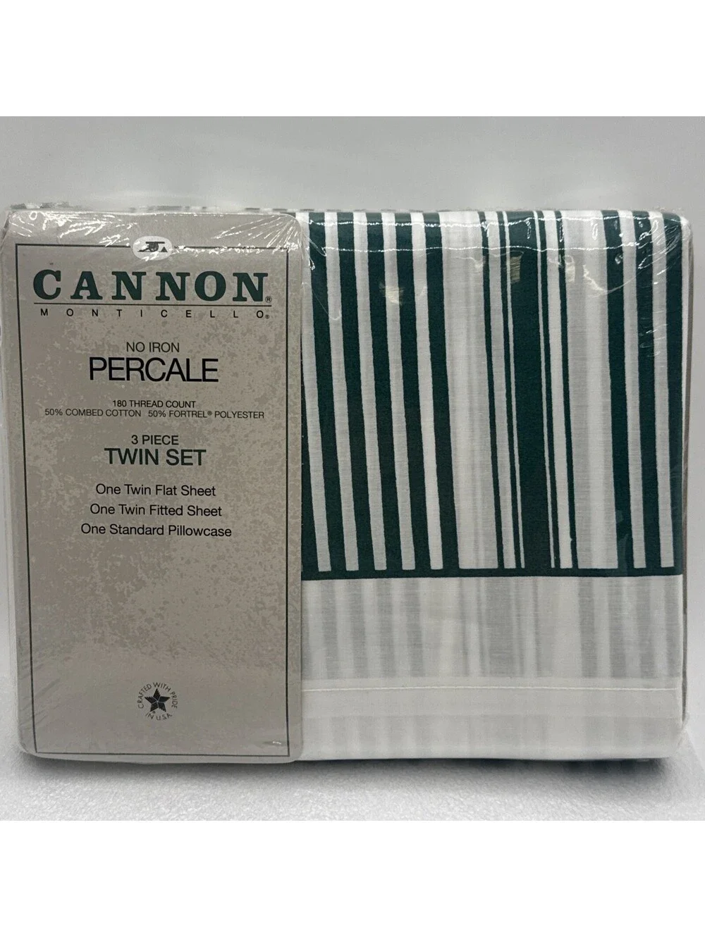 Vintage Cannon Monticello Green White Stripes No Iron Percale 3pc TWIN Sheet Set